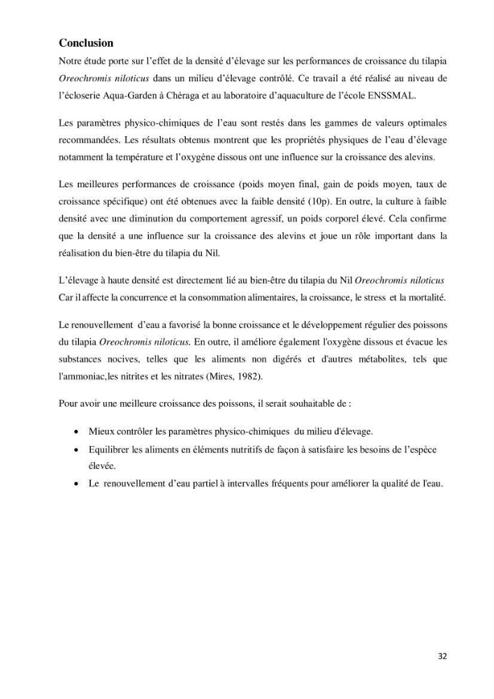 Effet de la densité d\'élevage sur les performances de production du tilapia Oreochromis sp dans un milieu contrôlé
