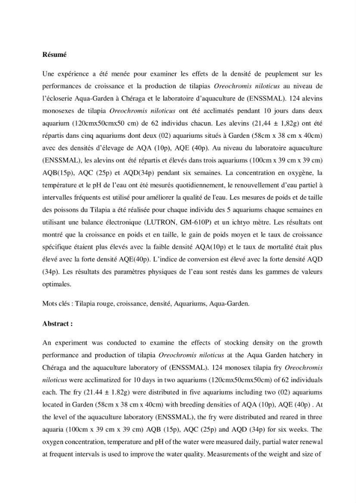 Effet de la densité d\'élevage sur les performances de production du tilapia Oreochromis sp dans un milieu contrôlé