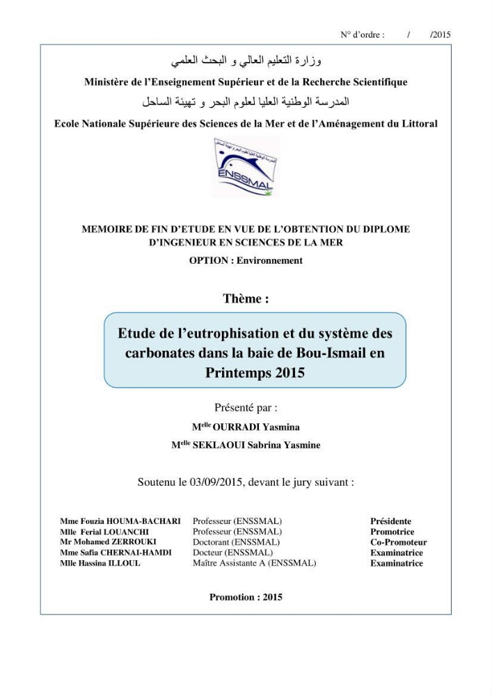 Etude de l\'eutrophisation et du système des carbonates dans la baie de Bou-Ismail en printemps 2015