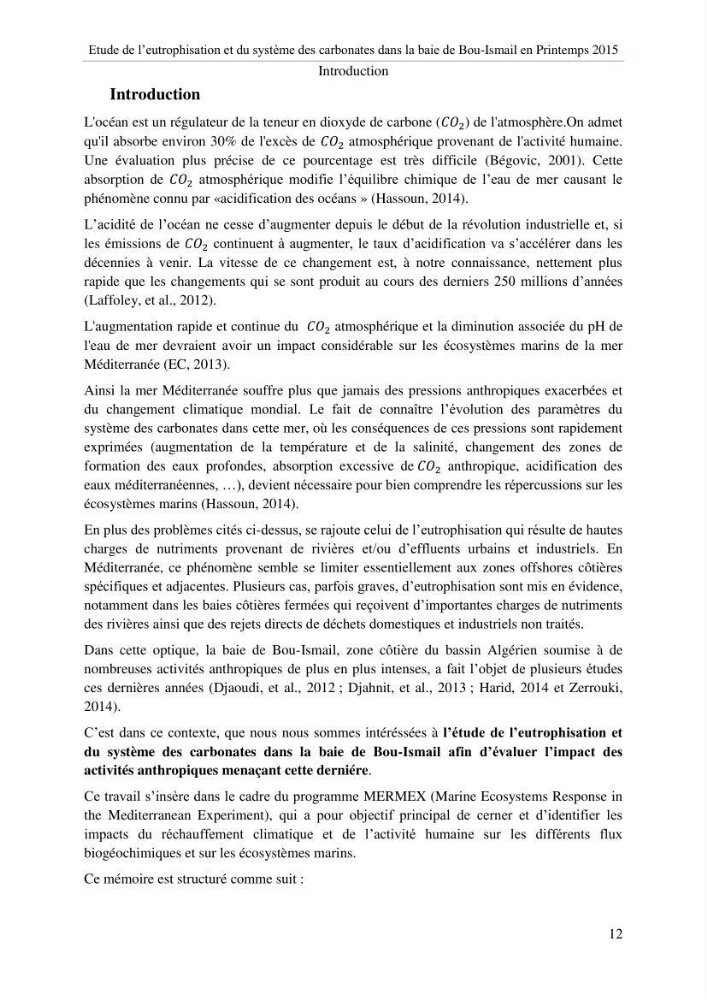 Etude de l\'eutrophisation et du système des carbonates dans la baie de Bou-Ismail en printemps 2015