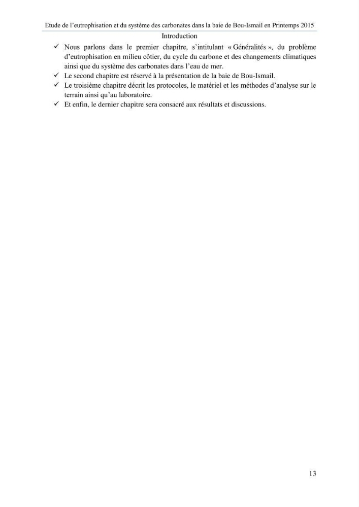 Etude de l\'eutrophisation et du système des carbonates dans la baie de Bou-Ismail en printemps 2015