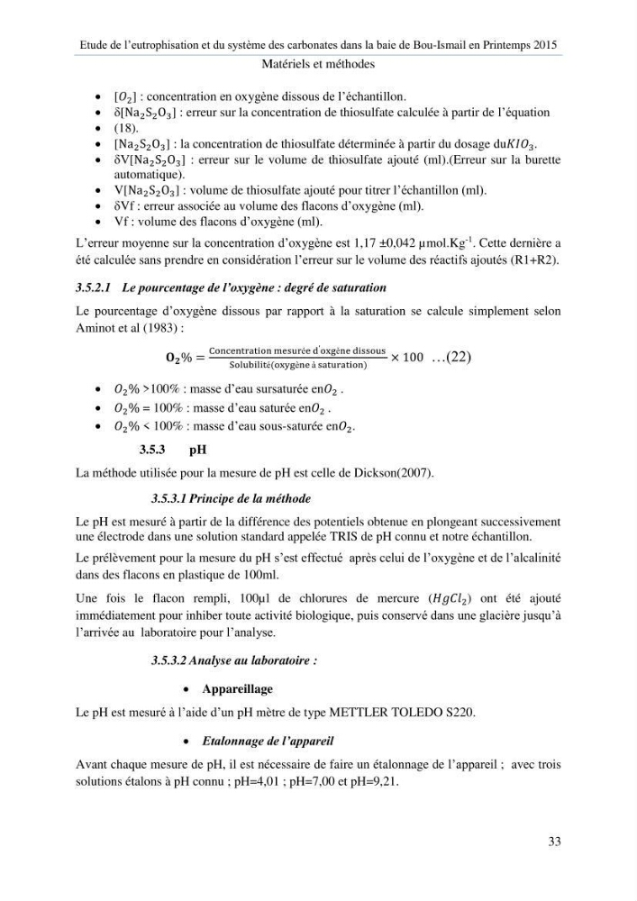 Etude de l\'eutrophisation et du système des carbonates dans la baie de Bou-Ismail en printemps 2015