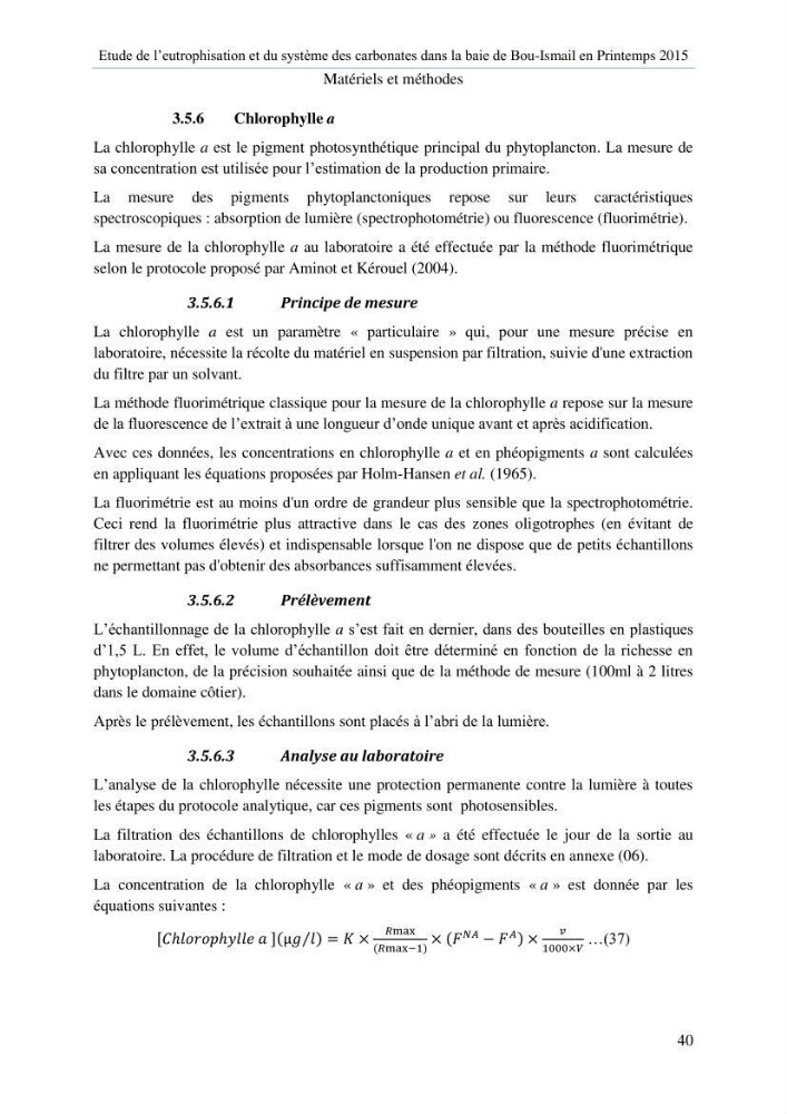 Etude de l\'eutrophisation et du système des carbonates dans la baie de Bou-Ismail en printemps 2015