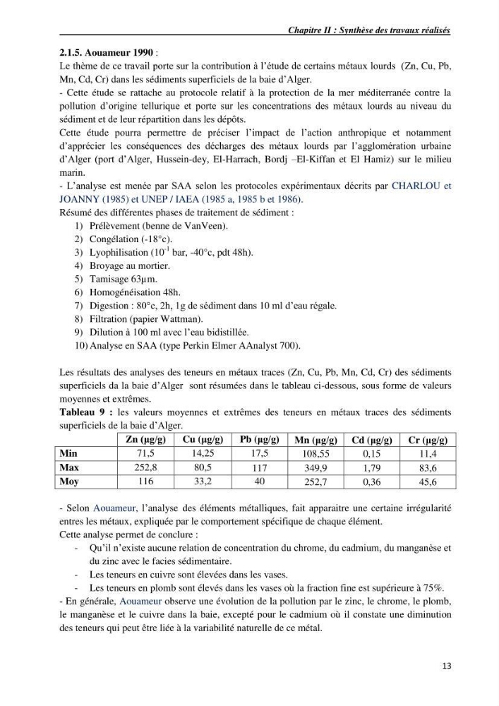 Les métaux traces dans les sédiments du littoral Algérois