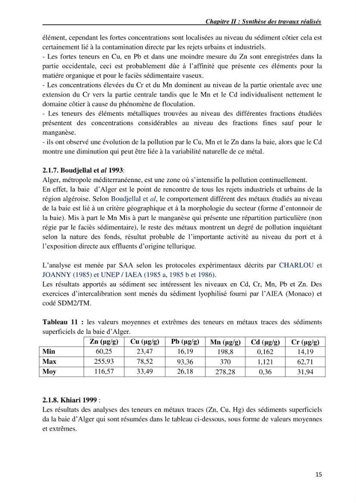 Les métaux traces dans les sédiments du littoral Algérois