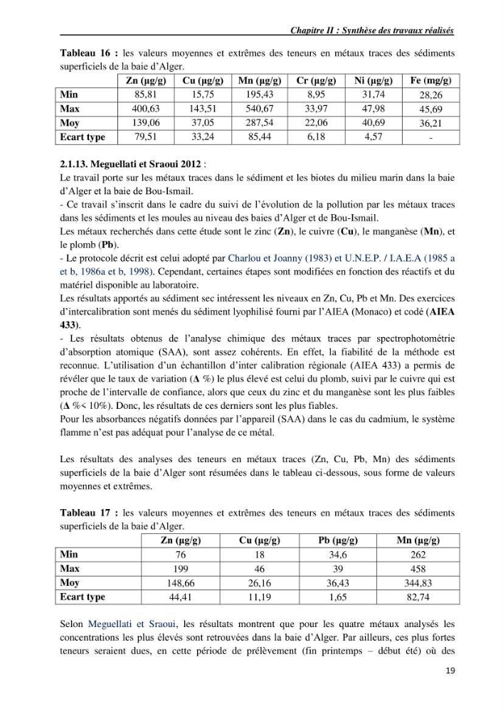 Les métaux traces dans les sédiments du littoral Algérois