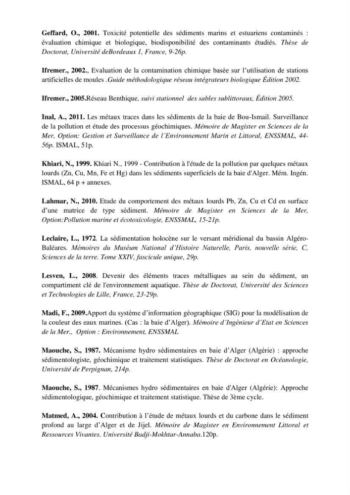 Les métaux traces dans les sédiments du littoral Algérois