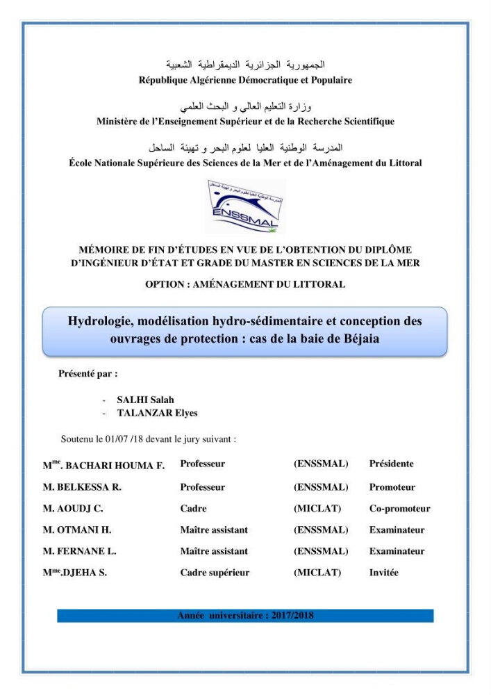 Hydrologie, modélisation hydro-sédimentaire et conception des ouvrages de protection : cas de la baie de Béjaia