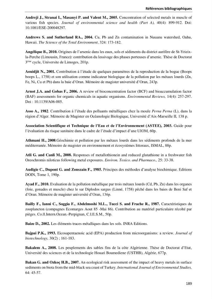 les métaux traces dans les sédiment marins et les espèces démersales de la côte algérienne contribution à l\'évaluation du risque écologique