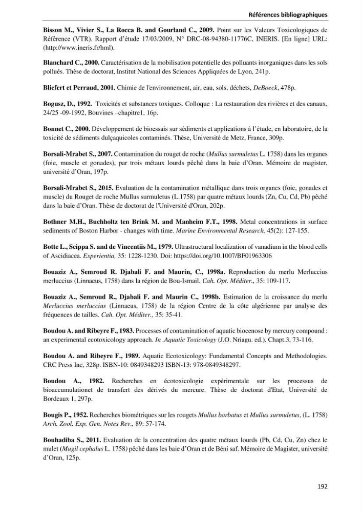 les métaux traces dans les sédiment marins et les espèces démersales de la côte algérienne contribution à l\'évaluation du risque écologique