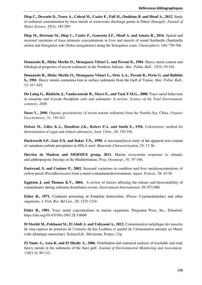 les métaux traces dans les sédiment marins et les espèces démersales de la côte algérienne contribution à l\'évaluation du risque écologique