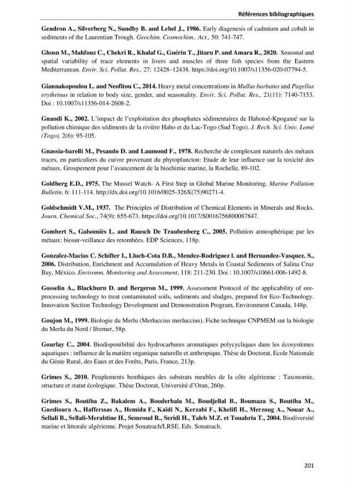 les métaux traces dans les sédiment marins et les espèces démersales de la côte algérienne contribution à l\'évaluation du risque écologique