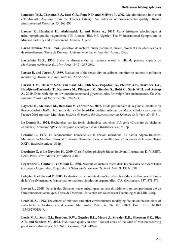 les métaux traces dans les sédiment marins et les espèces démersales de la côte algérienne contribution à l\'évaluation du risque écologique