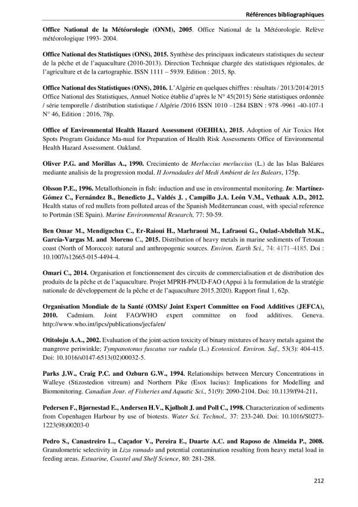 les métaux traces dans les sédiment marins et les espèces démersales de la côte algérienne contribution à l\'évaluation du risque écologique