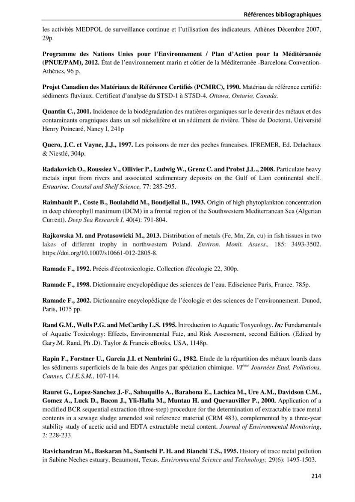 les métaux traces dans les sédiment marins et les espèces démersales de la côte algérienne contribution à l\'évaluation du risque écologique