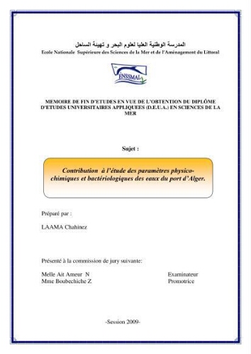 Contribution à l'étude des paramètres physcio-chimiques et bactériologiques des eaux du port d'Alger: Contribution à l'étude des paramètres physcio-chimiques et bactériologiques des eaux du port d'Alger: