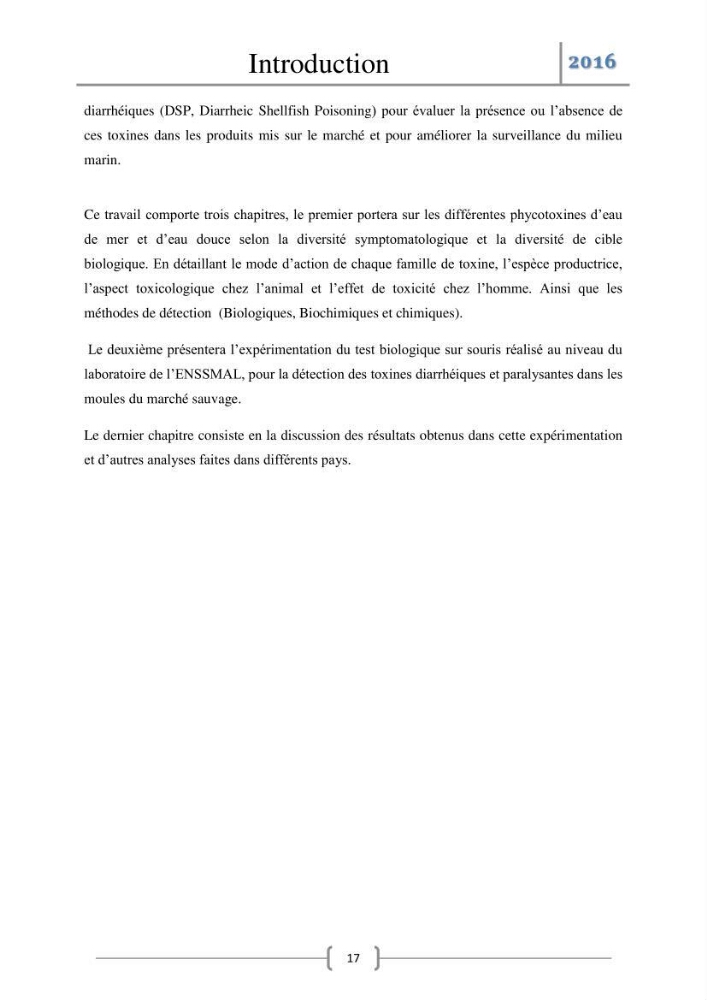 Recherche des toxines diarrhéiques et paralysantes dans la mule Myytilus galloprovincialis du marché: