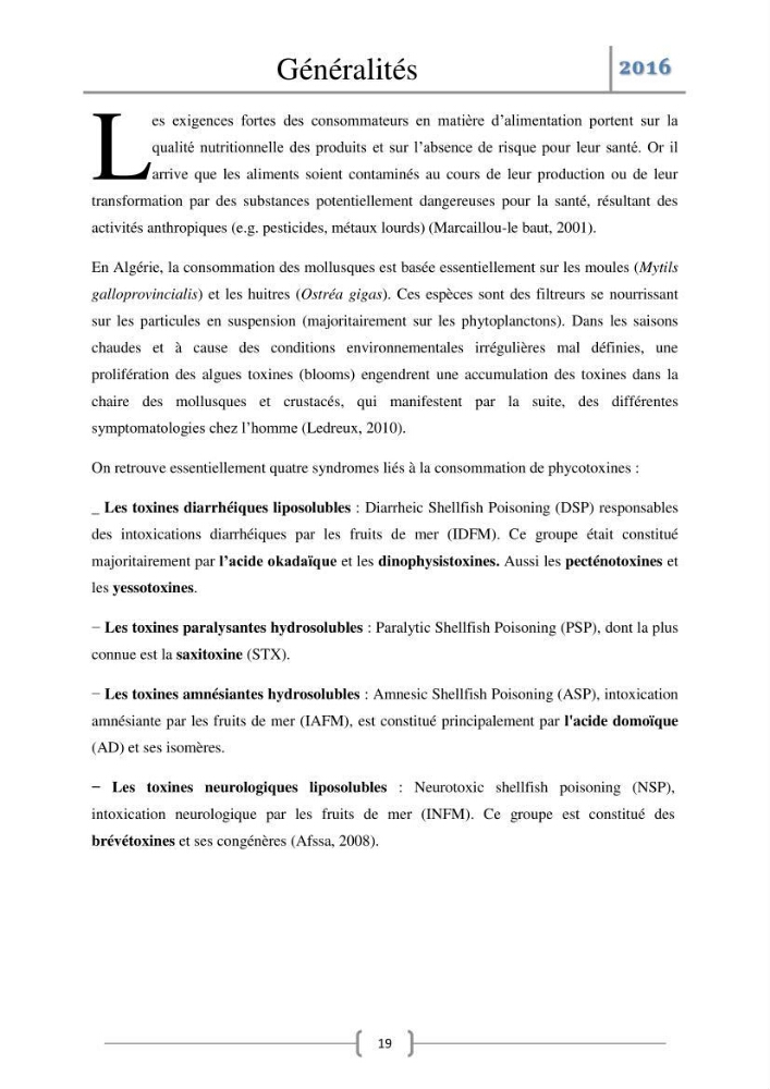 Recherche des toxines diarrhéiques et paralysantes dans la mule Myytilus galloprovincialis du marché:
