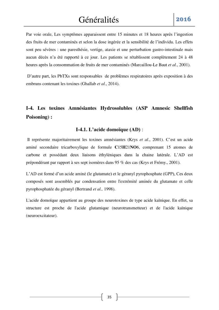 Recherche des toxines diarrhéiques et paralysantes dans la mule Myytilus galloprovincialis du marché: