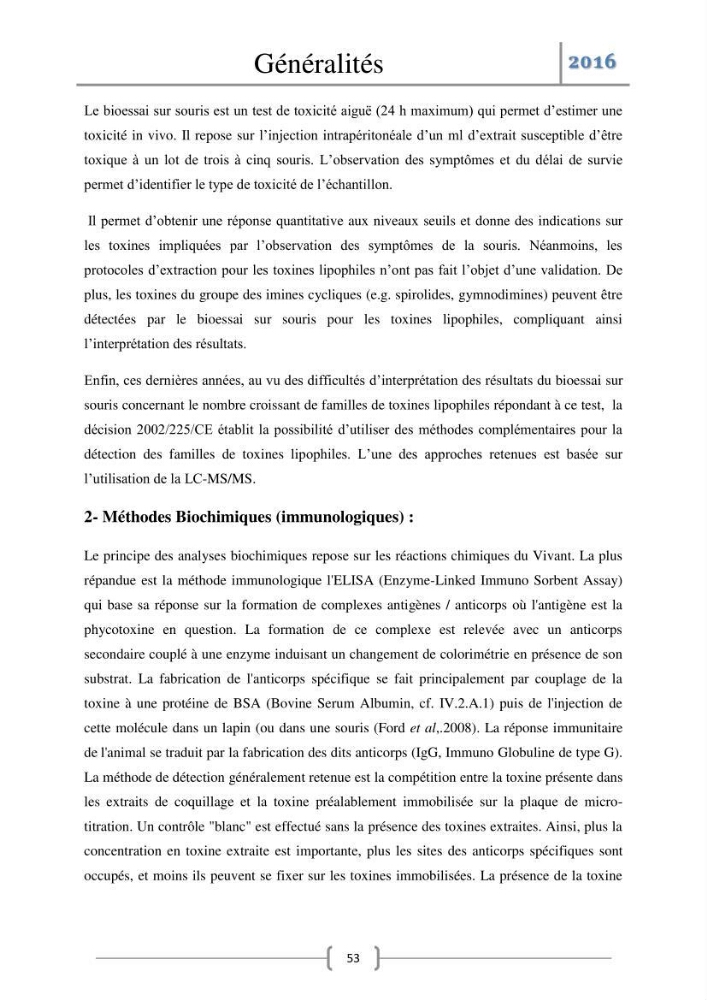 Recherche des toxines diarrhéiques et paralysantes dans la mule Myytilus galloprovincialis du marché: