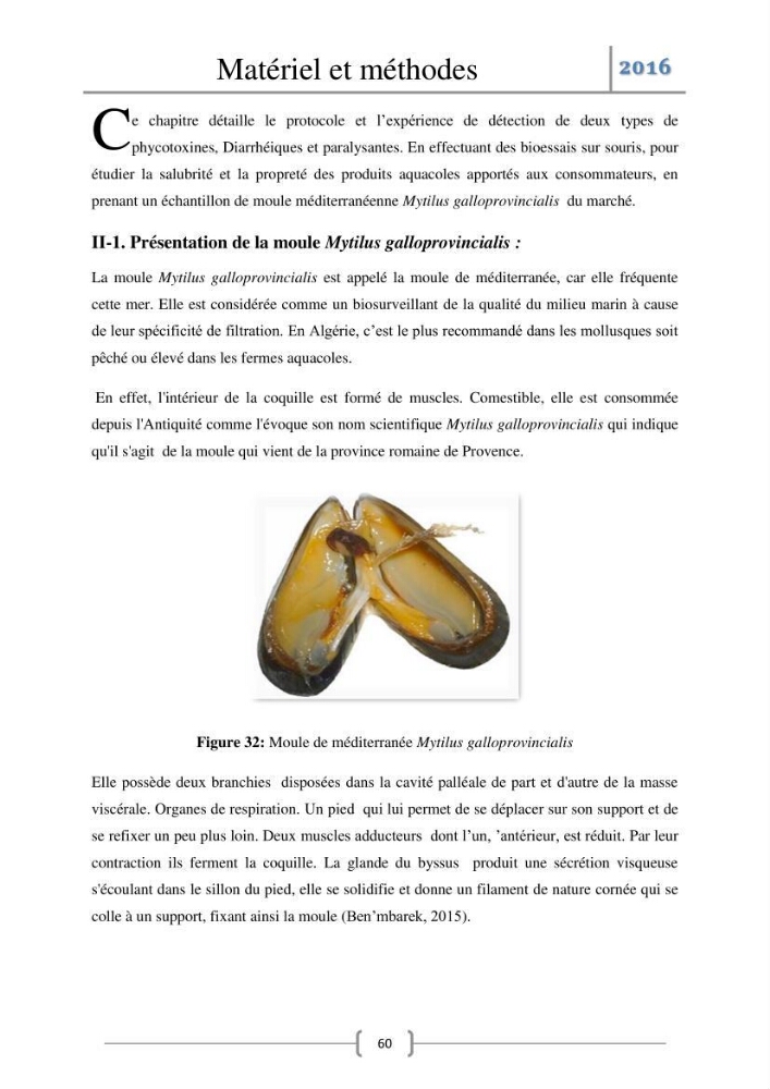 Recherche des toxines diarrhéiques et paralysantes dans la mule Myytilus galloprovincialis du marché:
