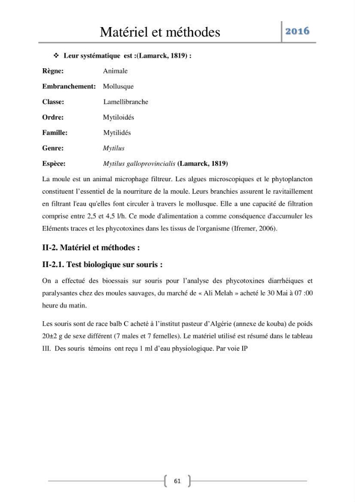 Recherche des toxines diarrhéiques et paralysantes dans la mule Myytilus galloprovincialis du marché: