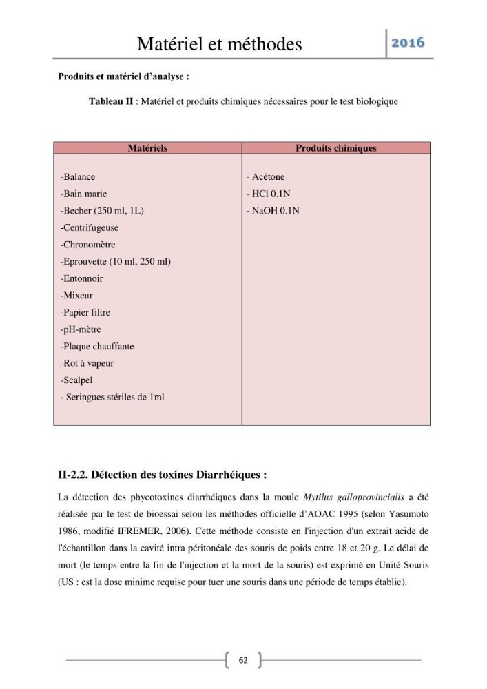 Recherche des toxines diarrhéiques et paralysantes dans la mule Myytilus galloprovincialis du marché: