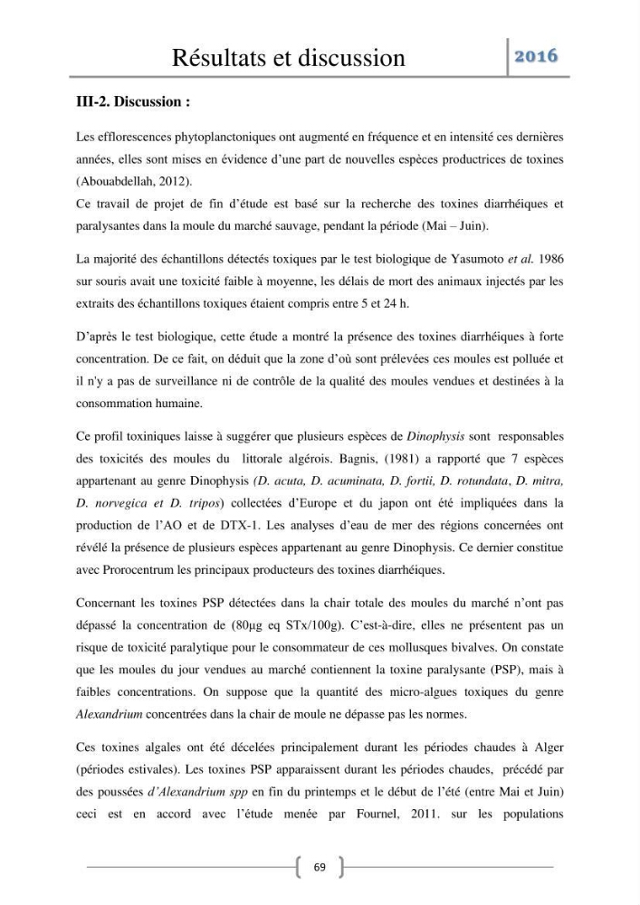 Recherche des toxines diarrhéiques et paralysantes dans la mule Myytilus galloprovincialis du marché: