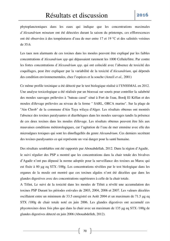 Recherche des toxines diarrhéiques et paralysantes dans la mule Myytilus galloprovincialis du marché: