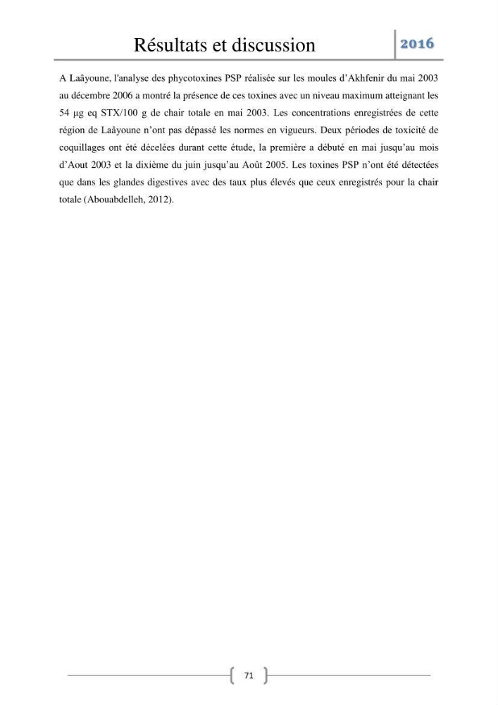 Recherche des toxines diarrhéiques et paralysantes dans la mule Myytilus galloprovincialis du marché: