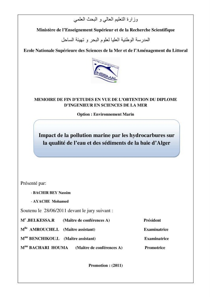 Impact de la pollution marine par les hydrocarbures sur la qualité de l\'eau et des sédiments de la baie d\'Alger