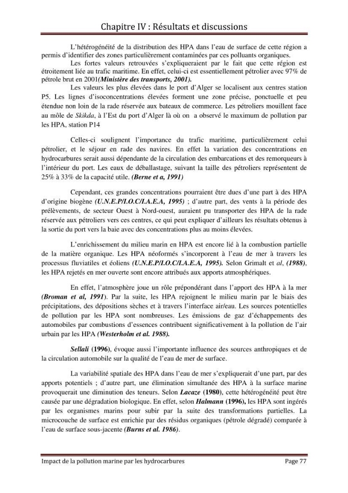 Impact de la pollution marine par les hydrocarbures sur la qualité de l\'eau et des sédiments de la baie d\'Alger