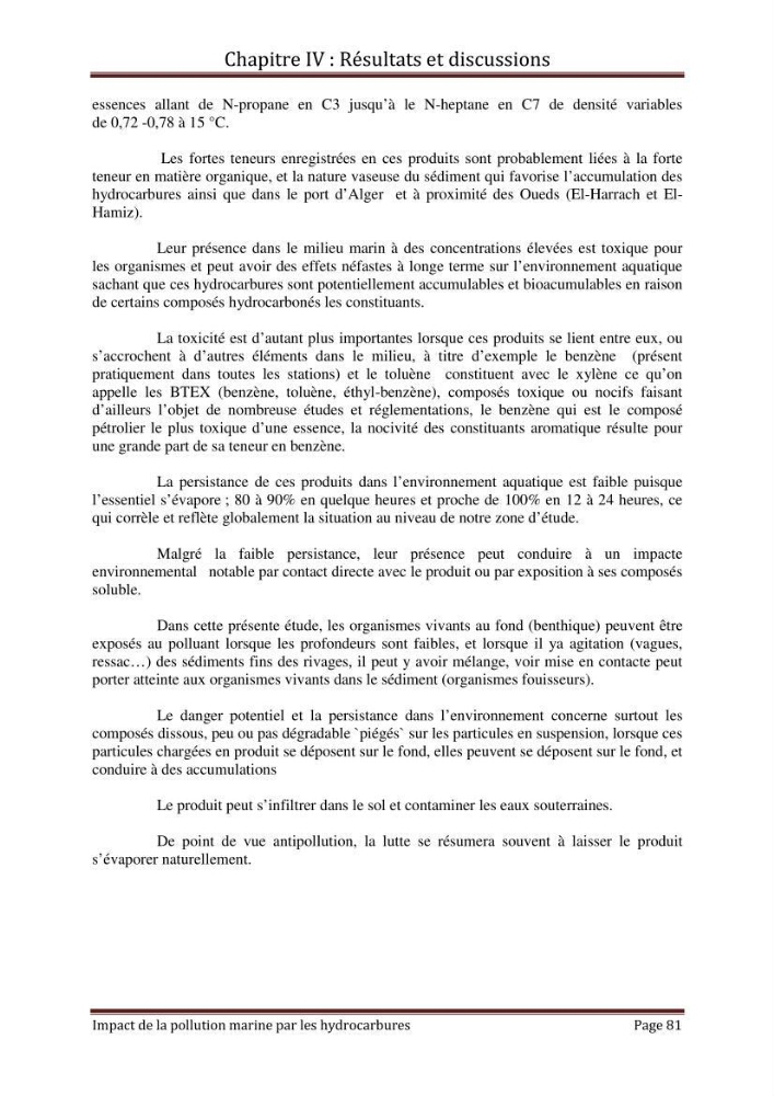 Impact de la pollution marine par les hydrocarbures sur la qualité de l\'eau et des sédiments de la baie d\'Alger