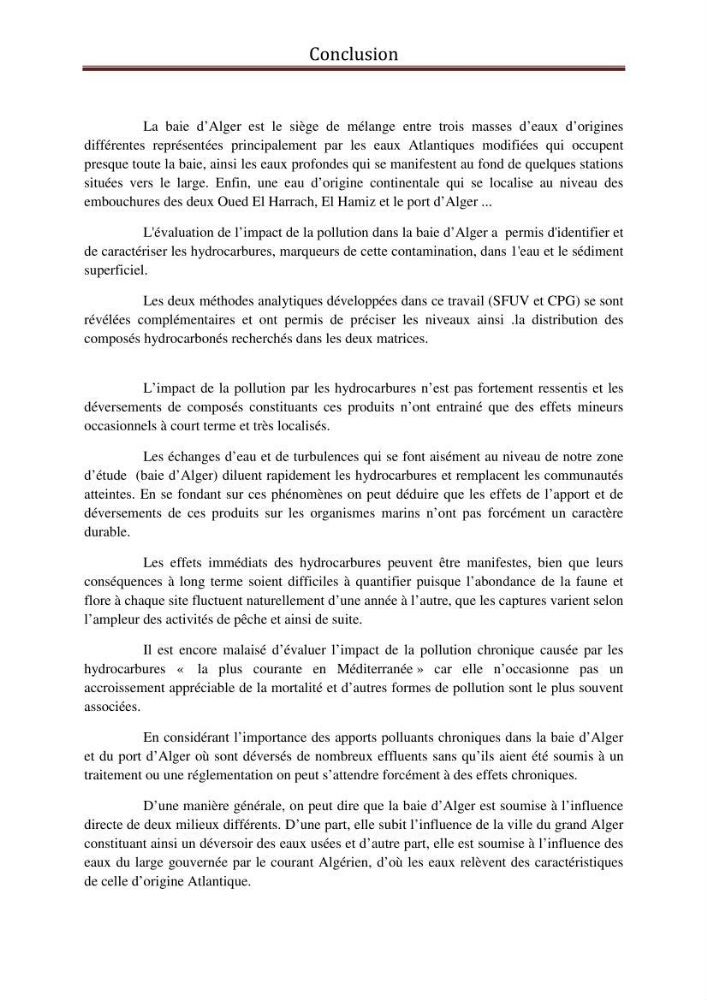 Impact de la pollution marine par les hydrocarbures sur la qualité de l\'eau et des sédiments de la baie d\'Alger