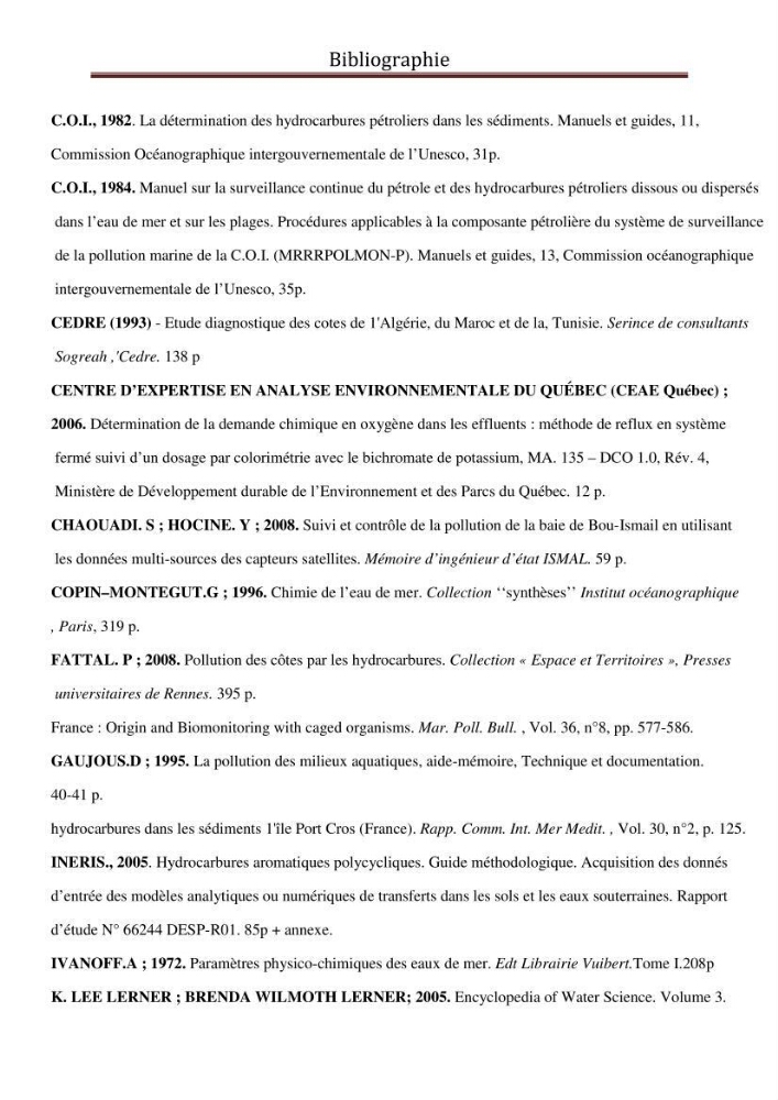 Impact de la pollution marine par les hydrocarbures sur la qualité de l\'eau et des sédiments de la baie d\'Alger