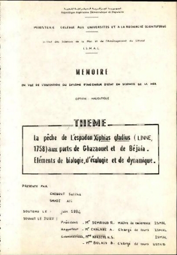 La pêche de l'espadon Xiphias gladius (Linné, 1758) aux ports de Ghazaouet et de Béjaïa La pêche de l'espadon Xiphias gladius (Linné, 1758) aux ports de Ghazaouet et de Béjaïa