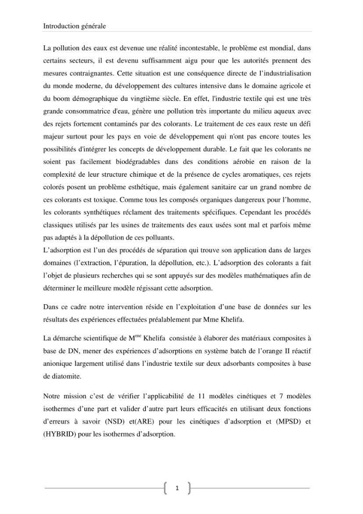 Modélisation des cinétique et des isothermes d\'adsorption de l\'orange II sur des composites à base de diatomite