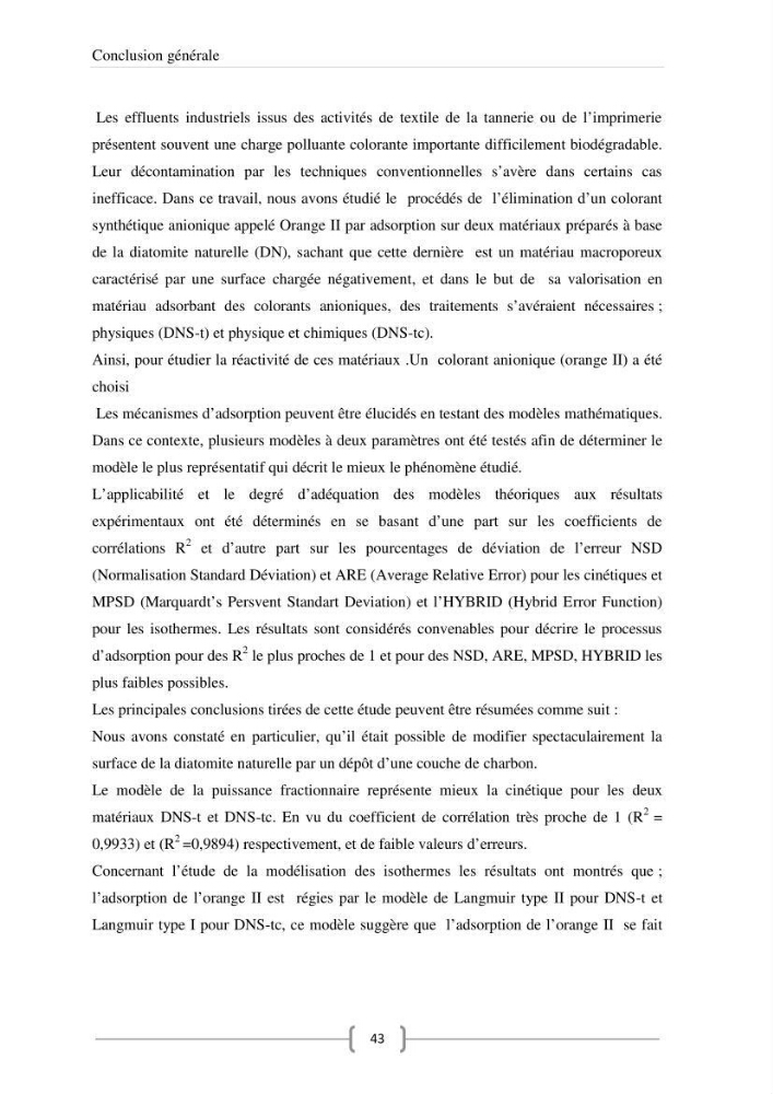 Modélisation des cinétique et des isothermes d\'adsorption de l\'orange II sur des composites à base de diatomite