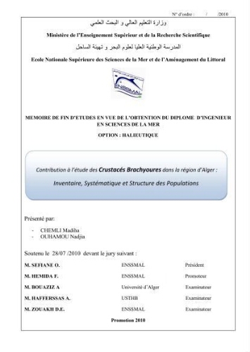 Contribution à l'étude des crustacés brachyoures dans la région d'Alger Contribution à l'étude des crustacés brachyoures dans la région d'Alger
