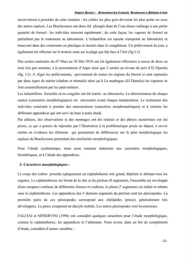 Contribution à l\'étude des crustacés brachyoures dans la région d\'Alger
