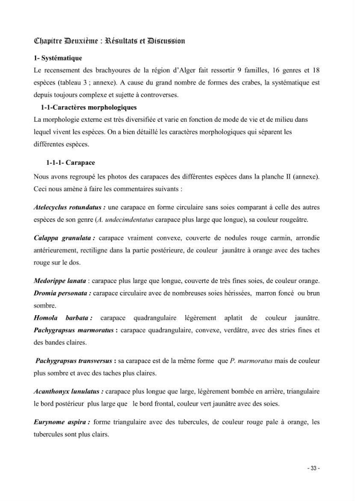 Contribution à l\'étude des crustacés brachyoures dans la région d\'Alger