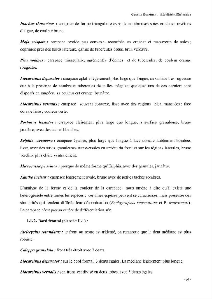 Contribution à l\'étude des crustacés brachyoures dans la région d\'Alger