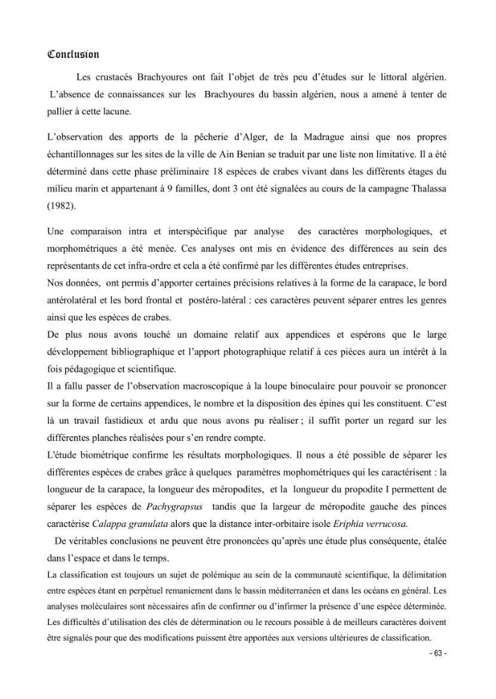 Contribution à l\'étude des crustacés brachyoures dans la région d\'Alger