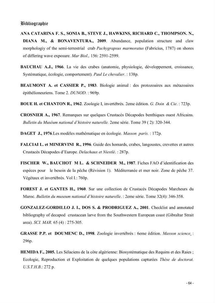 Contribution à l\'étude des crustacés brachyoures dans la région d\'Alger