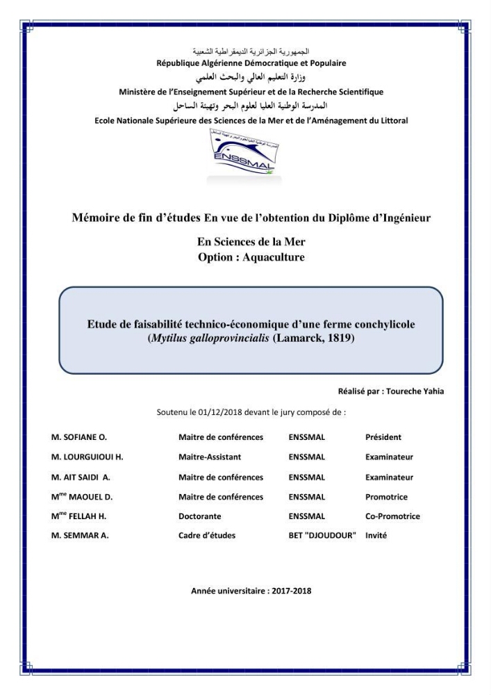 Etude de faisabilité technico-économique d’une ferme conchylicole (Mytilus galloprovincialis (Lamarck, 1819)