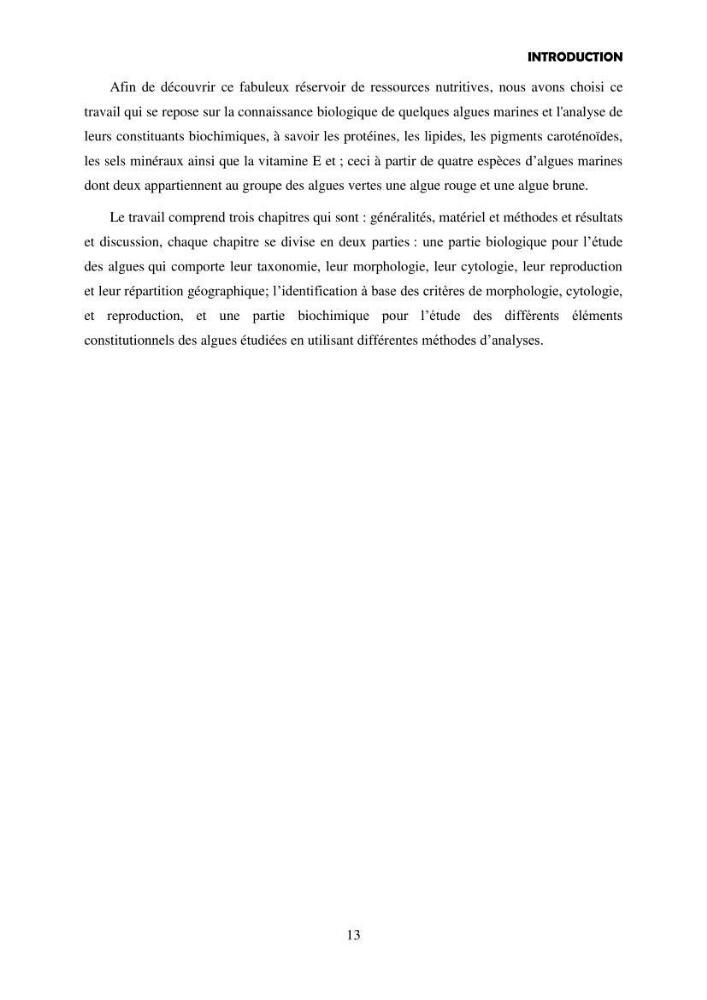 Composition biochimique de quelques espèces d\'algues marines aux possibilités alimentaires: