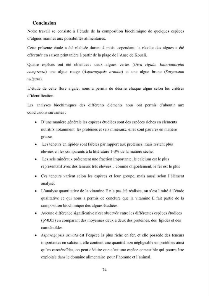 Composition biochimique de quelques espèces d\'algues marines aux possibilités alimentaires: