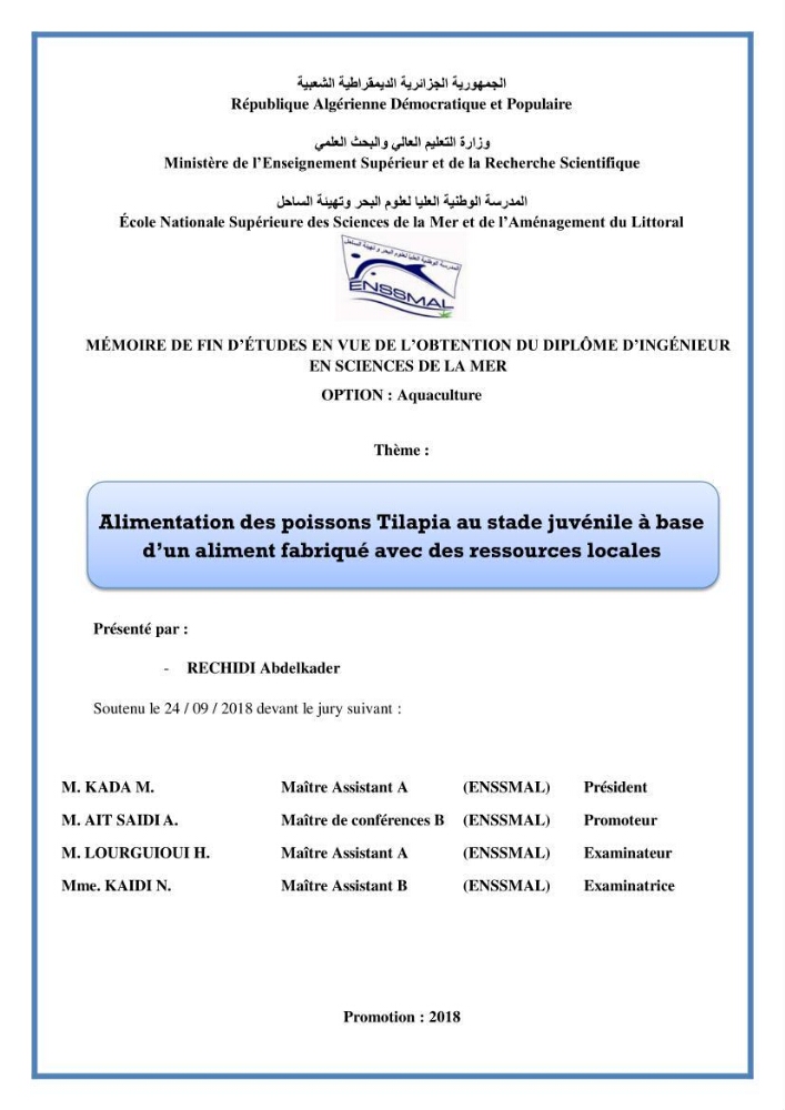 Alimentation des poissons Tilapia au stade juvénile à base d’un aliment fabriqué avec des ressources locales