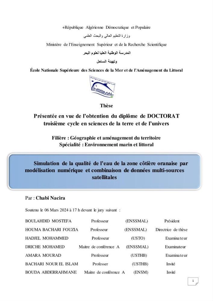 Simulation de la qualité de l’eau de la zone côtière oranaise par modélisation numérique et combinaison de données multi-sources satellitales