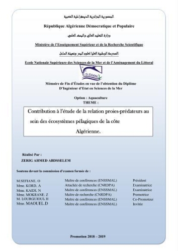 Contribution à l'étude de la relation proies-prédateurs au sein des écosystèmes pélagiques de la côte Algérienne: Contribution à l'étude de la relation proies-prédateurs au sein des écosystèmes pélagiques de la côte Algérienne: